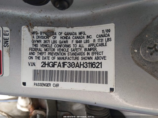 Auction sale of the 2010 Honda Civic Vp, vin: 2HGFA1F30AH311621, lot number: 46107519