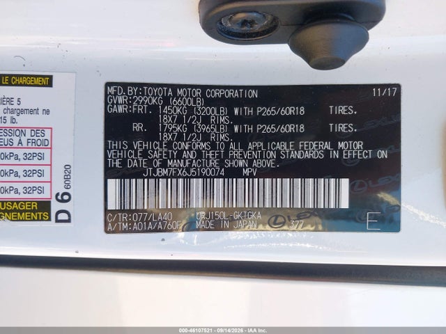 46107521 :رقم المزاد ، JTJBM7FX6J5190074 vin ، 2018 Lexus Gx 460 مزاد بيع