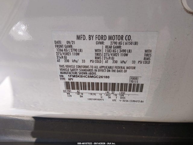 46107522 :رقم المزاد ، 1FM5K8HC8MGC26180 vin ، 2021 Ford Explorer Platinum مزاد بيع