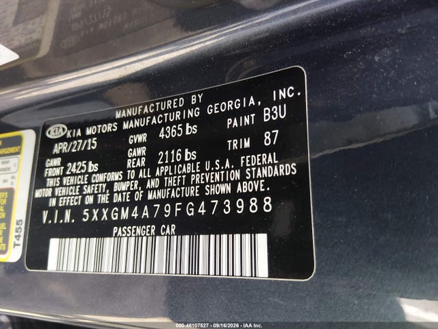 2015 Kia Optima Lx მანქანა იყიდება აუქციონზე, vin: 5XXGM4A79FG473988, აუქციონის ნომერი: 46107527
