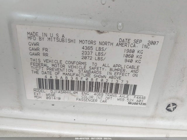 46107528 :رقم المزاد ، 4A3AB36F08E021373 vin ، 2008 Mitsubishi Galant Es مزاد بيع