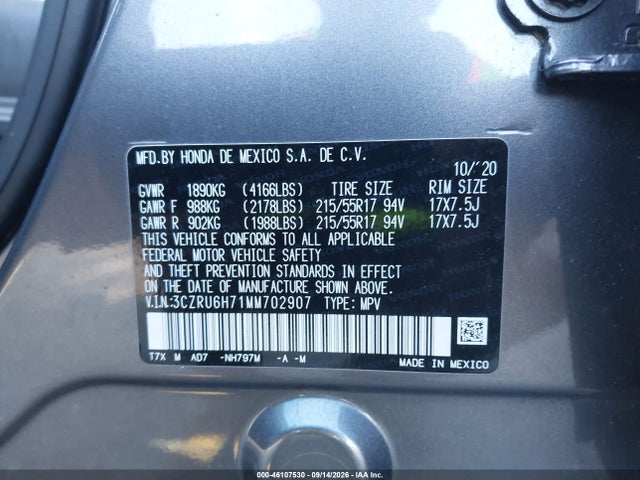 3CZRU6H71MM702907 Honda Hr-v Awd Ex-l