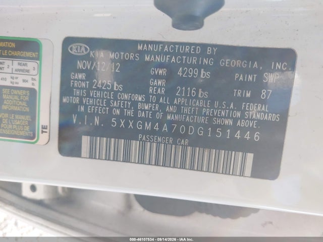 Aukcja sprzedaży 2013 Kia Optima Lx, vin: 5XXGM4A70DG151446, numer aukcji: 46107534