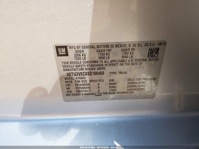 46107609 :رقم المزاد ، 3GTU2VECXEG188458 vin ، 2014 Gmc Sierra 1500 Slt مزاد بيع