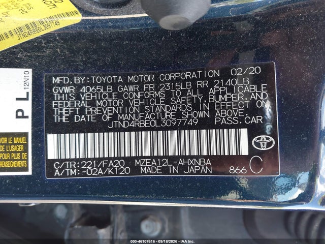 Продаж на аукціоні авто 2020 Toyota Corolla Se, vin: JTND4RBE0L3097749, номер лоту: 46107616