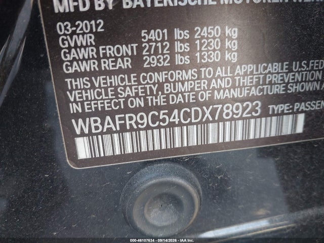 2012 Bmw 550i მანქანა იყიდება აუქციონზე, vin: WBAFR9C54CDX78923, აუქციონის ნომერი: 46107634