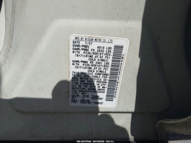 Продаж на аукціоні авто 2007 Nissan Murano Sl, vin: JN8AZ08T57W525608, номер лоту: 46107646