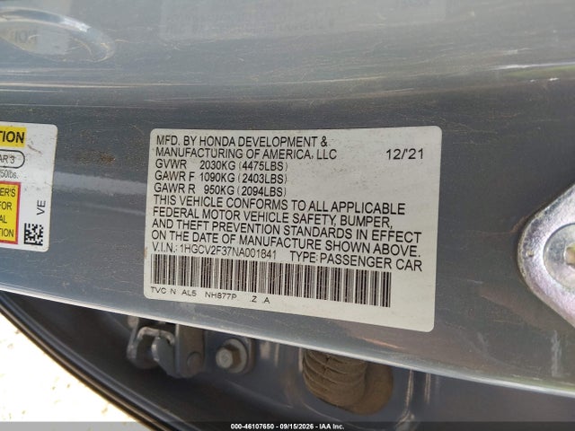 46107650 :رقم المزاد ، 1HGCV2F37NA001841 vin ، 2022 Honda Accord Sport 2.0t مزاد بيع