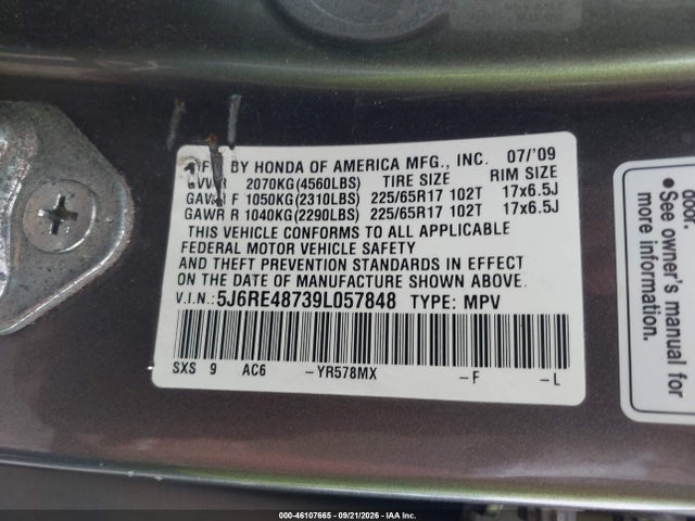 2009 Honda Cr-v Ex-l მანქანა იყიდება აუქციონზე, vin: 5J6RE48739L057848, აუქციონის ნომერი: 46107665