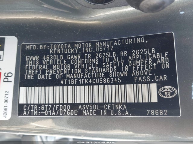 Auction sale of the 2012 Toyota Camry Le, vin: 4T1BF1FK4CU586345, lot number: 46107672