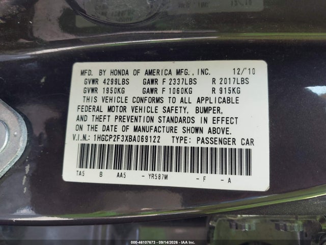 Продаж на аукціоні авто 2011 Honda Accord 2.4 Lx, vin: 1HGCP2F3XBA069122, номер лоту: 46107673