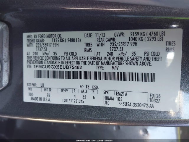 2014 Ford Escape Se მანქანა იყიდება აუქციონზე, vin: 1FMCU9GX5EUB75462, აუქციონის ნომერი: 46107693