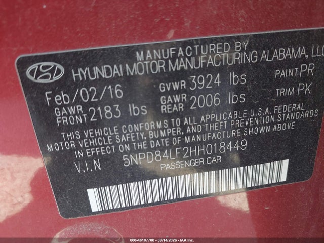 46107700 :رقم المزاد ، 5NPD84LF2HH018449 vin ، 2017 Hyundai Elantra Se مزاد بيع