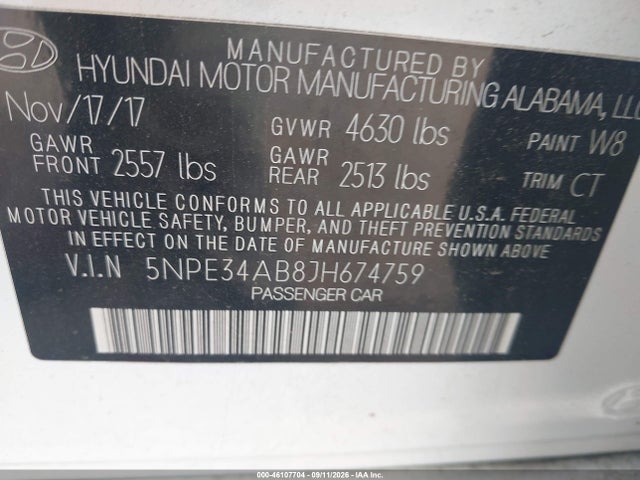 2018 Hyundai Sonata Sport 2.0t მანქანა იყიდება აუქციონზე, vin: 5NPE34AB8JH674759, აუქციონის ნომერი: 46107704