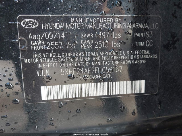 Продаж на аукціоні авто 2015 Hyundai Sonata Se, vin: 5NPE24AF2FH059167, номер лоту: 46107710