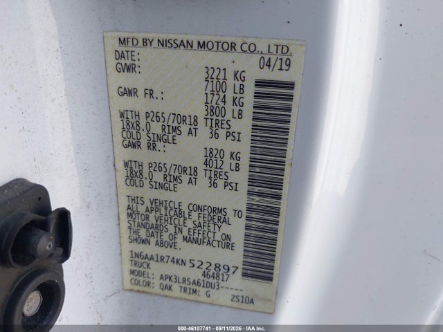 Продажа на аукционе авто 2019 Nissan Titan S, vin: 1N6AA1R74KN522897, номер лота: 46107741