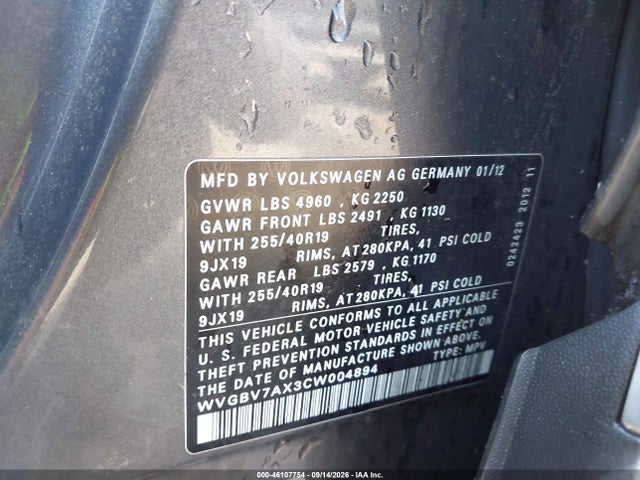 46107754 :رقم المزاد ، WVGBV7AX3CW004894 vin ، 2012 Volkswagen Tiguan Sel مزاد بيع