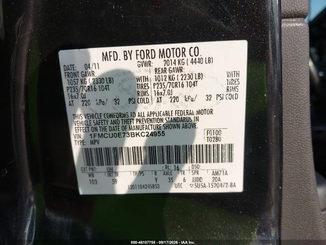 2011 Ford Escape Limited მანქანა იყიდება აუქციონზე, vin: 1FMCU0E73BKC24955, აუქციონის ნომერი: 46107758