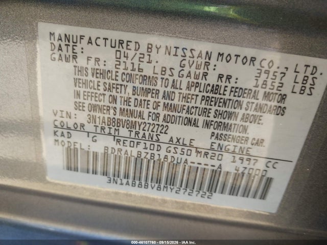 Продажа на аукционе авто 2021 Nissan Sentra S Xtronic Cvt, vin: 3N1AB8BV8MY272722, номер лота: 46107760