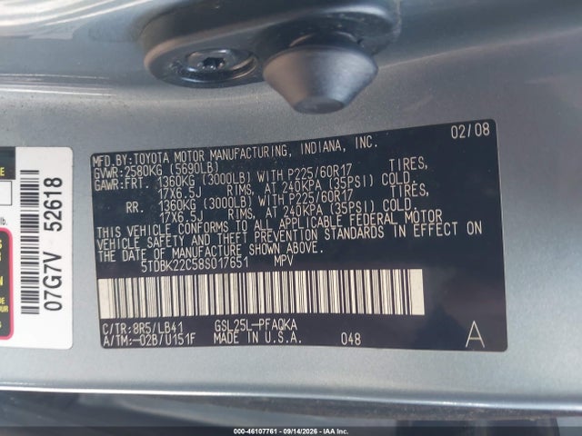 Aukcja sprzedaży 2008 Toyota Sienna Xle, vin: 5TDBK22C58S017651, numer aukcji: 46107761