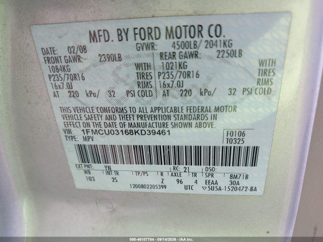 Продаж на аукціоні авто 2008 Ford Escape Xlt, vin: 1FMCU03168KD39461, номер лоту: 46107784