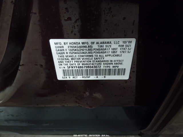 2009 Honda Pilot Ex-l მანქანა იყიდება აუქციონზე, vin: 5FNYF48679B043072, აუქციონის ნომერი: 46107792