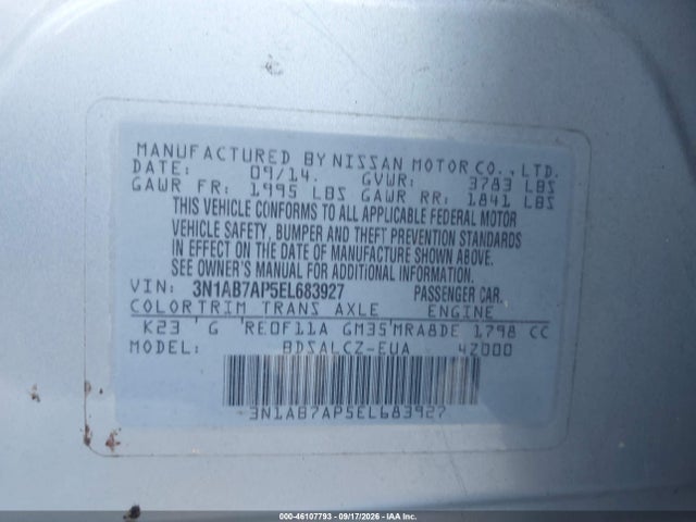 Продаж на аукціоні авто 2014 Nissan Sentra S, vin: 3N1AB7AP5EL683927, номер лоту: 46107793
