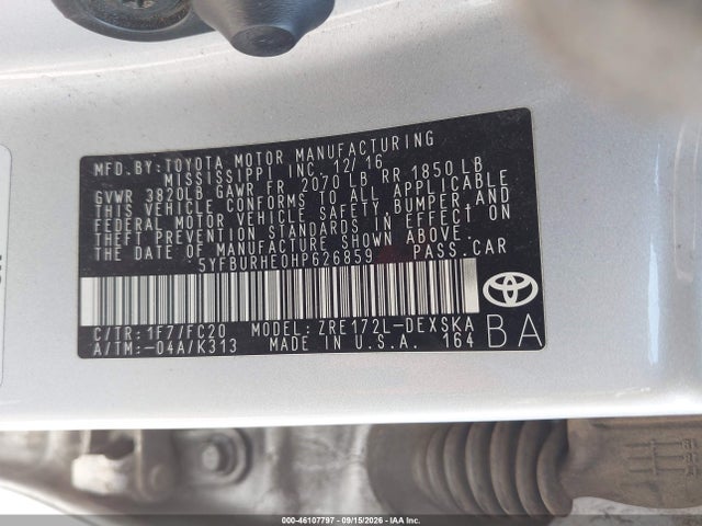 Продажа на аукционе авто 2017 Toyota Corolla Se, vin: 5YFBURHE0HP626859, номер лота: 46107797