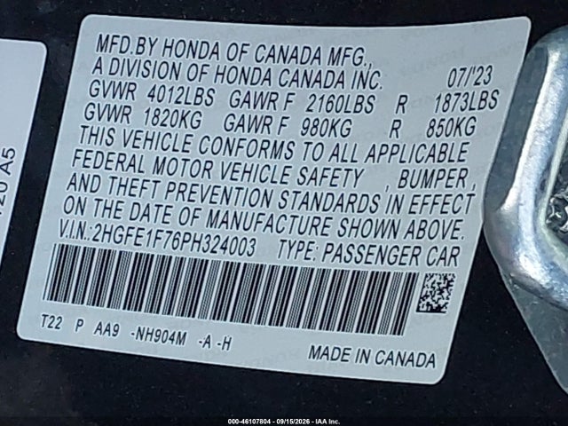 Aukcja sprzedaży 2023 Honda Civic Ex/ex W/o Bsi, vin: 2HGFE1F76PH324003, numer aukcji: 46107804