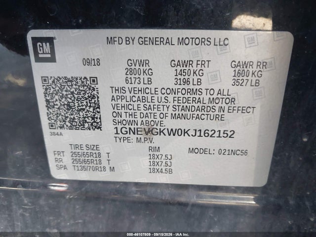 46107809 :رقم المزاد ، 1GNEVGKW0KJ162152 vin ، 2019 Chevrolet Traverse 1lt مزاد بيع
