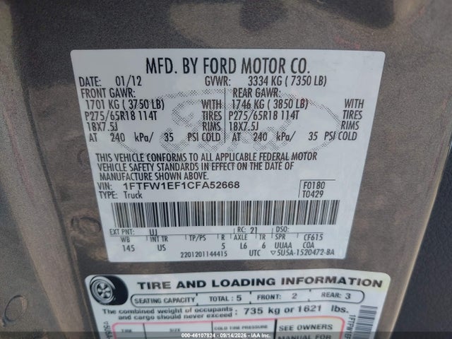Продаж на аукціоні авто 2012 Ford F-150 Xlt, vin: 1FTFW1EF1CFA52668, номер лоту: 46107824