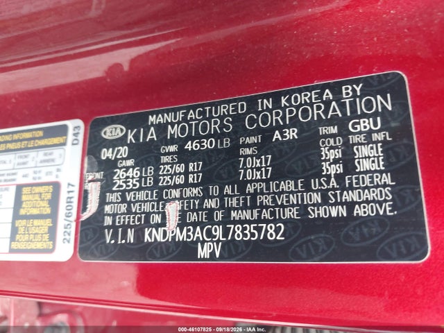 2020 Kia Sportage Lx მანქანა იყიდება აუქციონზე, vin: KNDPM3AC9L7835782, აუქციონის ნომერი: 46107825