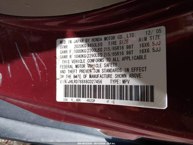 2006 Honda Cr-v Ex მანქანა იყიდება აუქციონზე, vin: JHLRD788X6C027456, აუქციონის ნომერი: 46107829