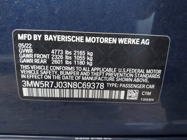 2022 Bmw 330i Xdrive მანქანა იყიდება აუქციონზე, vin: 3MW5R7J03N8C69378, აუქციონის ნომერი: 46107830