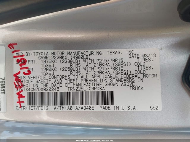 2013 Toyota Tacoma მანქანა იყიდება აუქციონზე, vin: 5TFTX4CN7DX030245, აუქციონის ნომერი: 46107833