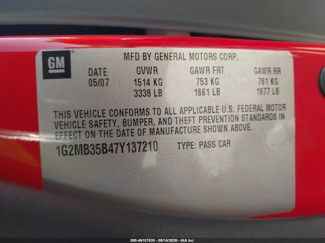 46107835 :رقم المزاد ، 1G2MB35B47Y137210 vin ، 2007 Pontiac Solstice مزاد بيع