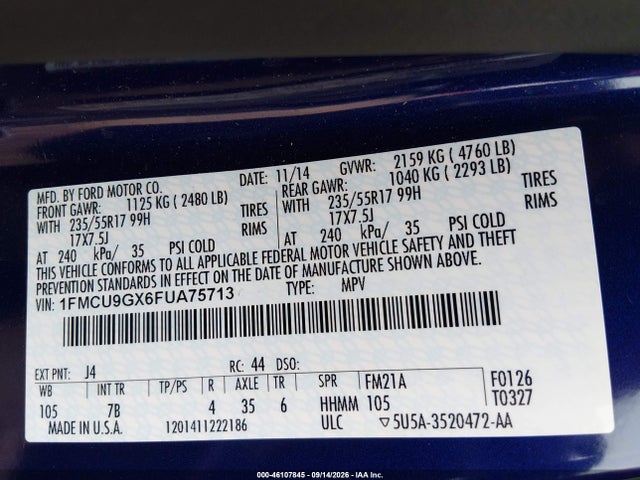 2015 Ford Escape Se მანქანა იყიდება აუქციონზე, vin: 1FMCU9GX6FUA75713, აუქციონის ნომერი: 46107845