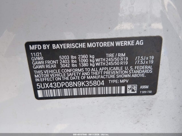 46107846 :رقم المزاد ، 5UX43DP08N9K35804 vin ، 2022 Bmw X3 Sdrive30i مزاد بيع