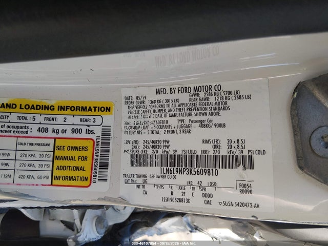 Продаж на аукціоні авто 2019 Lincoln Continental Reserve, vin: 1LN6L9NP3K5609810, номер лоту: 46107854