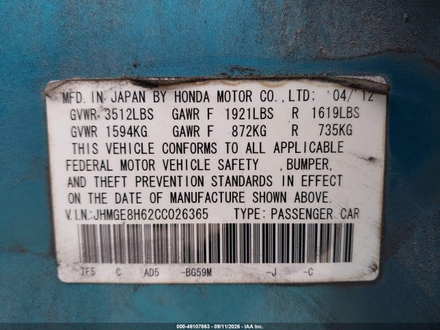 Продаж на аукціоні авто 2012 Honda Fit Sport, vin: JHMGE8H62CC026365, номер лоту: 46107863