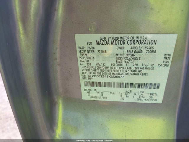 Aukcja sprzedaży 2008 Mazda Tribute I Grand Touring, vin: 4F2CZ02Z48KM25977, numer aukcji: 46107865