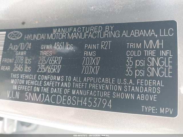 Aukcja sprzedaży 2025 Hyundai Tucson Se, vin: 5NMJACDE8SH453794, numer aukcji: 46107873