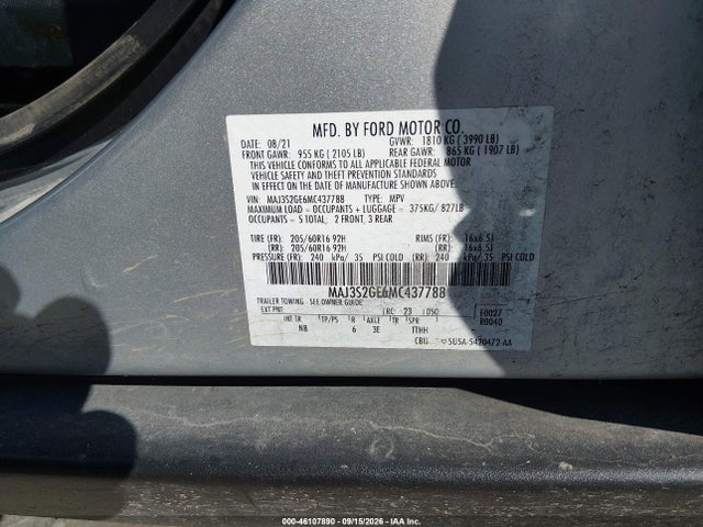 Продажа на аукционе авто 2021 Ford Ecosport Se, vin: MAJ3S2GE6MC437788, номер лота: 46107890