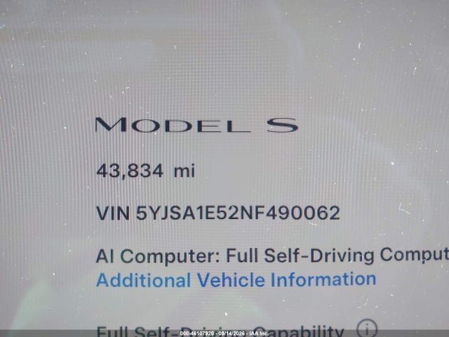 Продаж на аукціоні авто 2022 Tesla Model S Dual Motor All-wheel Drive, vin: 5YJSA1E52NF490062, номер лоту: 46107920