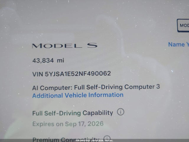 Продаж на аукціоні авто 2022 Tesla Model S Dual Motor All-wheel Drive, vin: 5YJSA1E52NF490062, номер лоту: 46107920