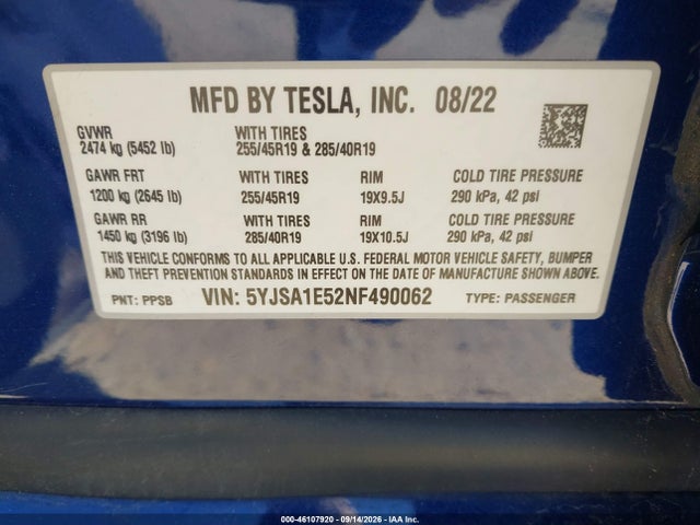 Продаж на аукціоні авто 2022 Tesla Model S Dual Motor All-wheel Drive, vin: 5YJSA1E52NF490062, номер лоту: 46107920