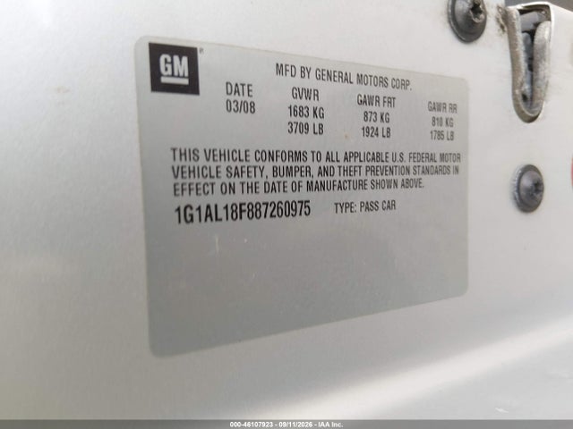 Aukcja sprzedaży 2008 Chevrolet Cobalt Lt, vin: 1G1AL18F887260975, numer aukcji: 46107923
