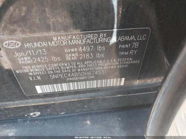 46107940 :رقم المزاد ، 5NPEC4AB5DH674531 vin ، 2013 Hyundai Sonata Limited 2.0t مزاد بيع