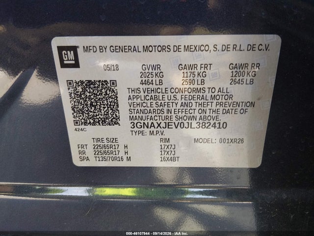 46107944 :رقم المزاد ، 3GNAXJEV0JL382410 vin ، 2018 Chevrolet Equinox Lt مزاد بيع