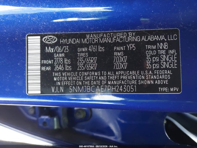 Продажа на аукционе авто 2023 Hyundai Tucson Sel, vin: 5NMJBCAE7PH243051, номер лота: 46107954